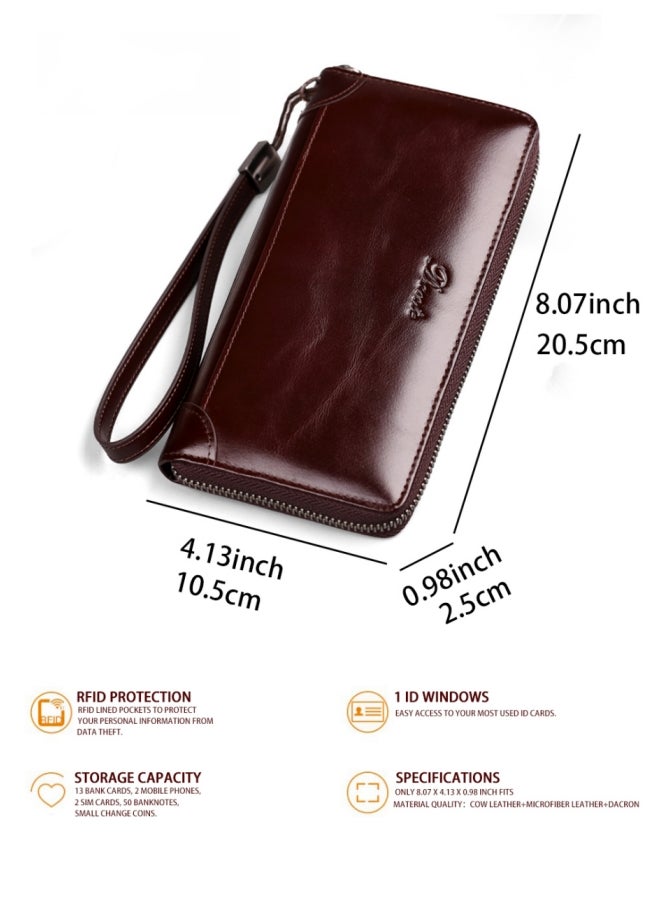 Men's Clutch Bag RFID Anti-theft Brush Retro First Layer Cowhide Long Wallet Oil Wax Black (Cowhide Anti-card Swiping)