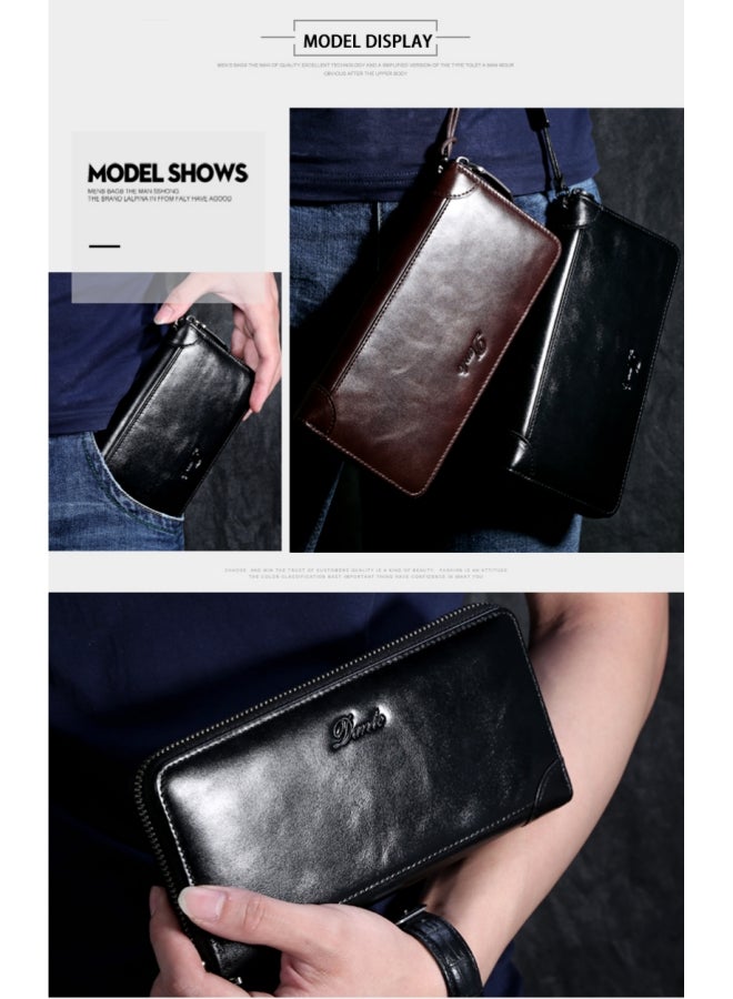 Men's Clutch Bag RFID Anti-theft Brush Retro First Layer Cowhide Long Wallet Oil Wax Black (Cowhide Anti-card Swiping)