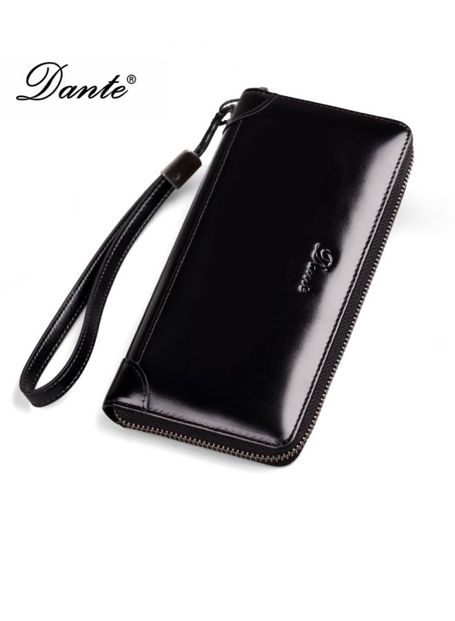 Men's Clutch Bag RFID Anti-theft Brush Retro First Layer Cowhide Long Wallet Oil Wax Black (Cowhide Anti-card Swiping)