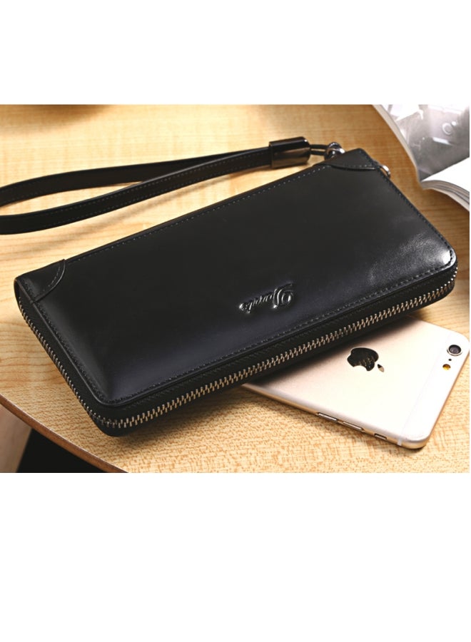 Men's Clutch Bag RFID Anti-theft Brush Retro First Layer Cowhide Long Wallet Oil Wax Black (Cowhide Anti-card Swiping)