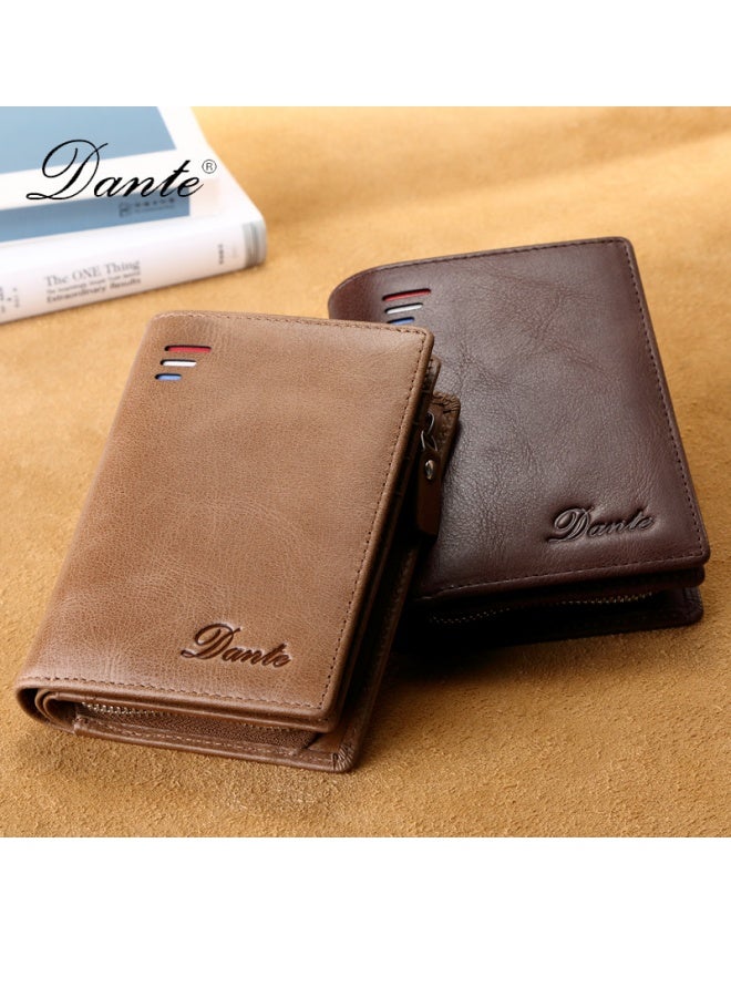 Men's Wallet Short RFID Anti-theft Coin Zipper Wallet Large Capacity Card Holder Khaki