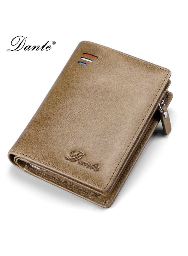 Men's Wallet Short RFID Anti-theft Coin Zipper Wallet Large Capacity Card Holder Khaki