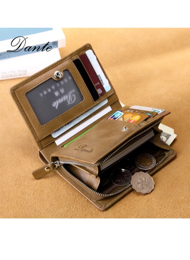Men's Wallet Short RFID Anti-theft Coin Zipper Wallet Large Capacity Card Holder Brown