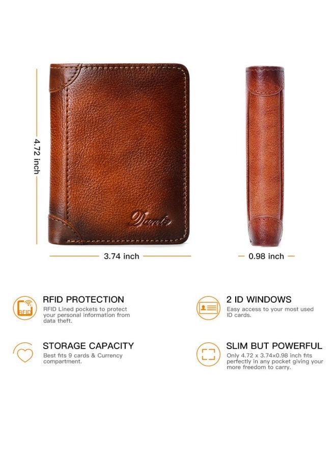 Men's Genuine Leather RFID Anti-theft Brush Vertical Three-sided Retro First-layer Cowhide Wallet Yellow Brown (Anti-theft Card Swiping)