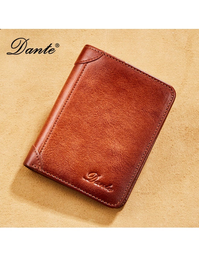 Men's Genuine Leather RFID Anti-theft Brush Vertical Three-sided Retro First-layer Cowhide Wallet Yellow Brown (Anti-theft Card Swiping)
