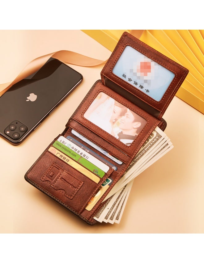 Men's Wallet First-layer Cowhide Anti-theft Card Swipe RFID Genuine Leather Wallet Retro Black