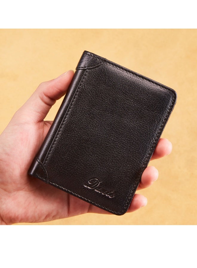 Men's Wallet First-layer Cowhide Anti-theft Card Swipe RFID Genuine Leather Wallet Retro Black