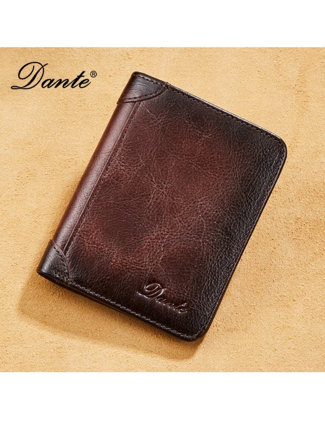 Men's Genuine Leather RFID Anti-theft Brush Vertical Three-sided Retro First-layer Cowhide Wallet Retro Brown (Anti-theft Card Swiping)