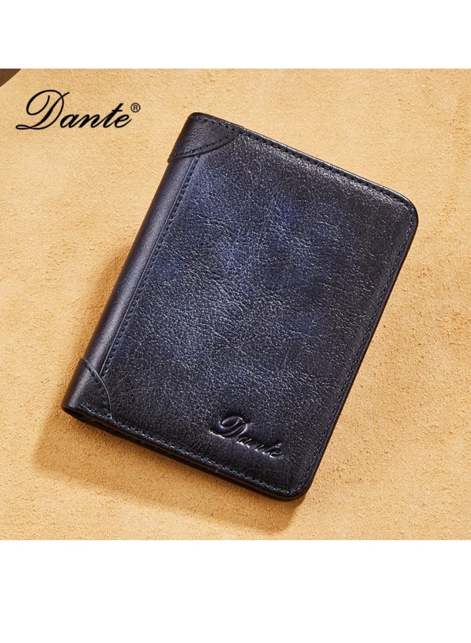 Men's Genuine Leather RFID Anti-theft Brush Vertical Three-sided Retro First-layer Cowhide Wallet Blue (Anti-theft Card Swiping)
