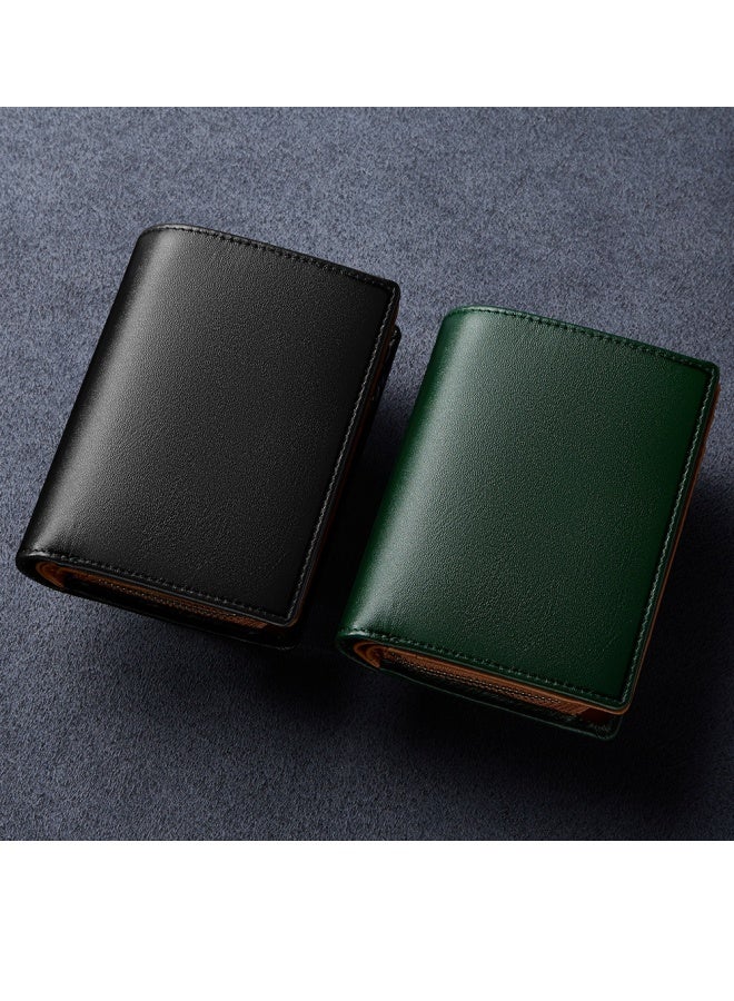 Men's Genuine Leather Zipper Wallet Large Capacity Multi-Card Slot Vertical Wallet Green Brown