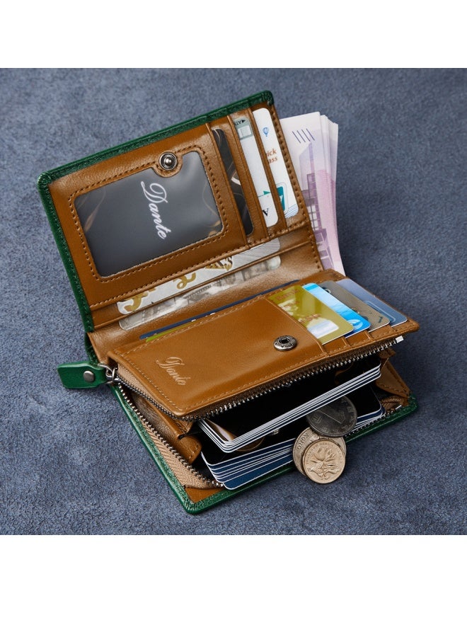 Men's Genuine Leather Zipper Wallet Large Capacity Multi-Card Slot Vertical Wallet Green Brown