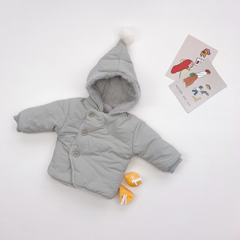 2023 Winter Plush Warm Baby Coat Cute 3D Hooded Jacket Grey