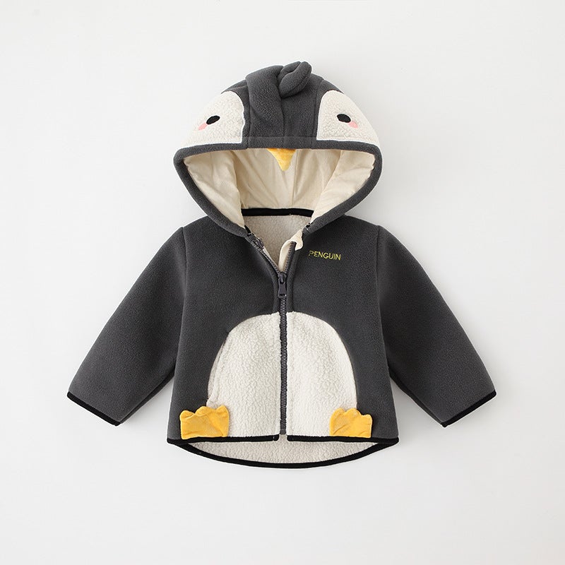 Kids Fleece Hooded Jacket Warm Baby Winter Coat YLR cartoon coat gray Penguin