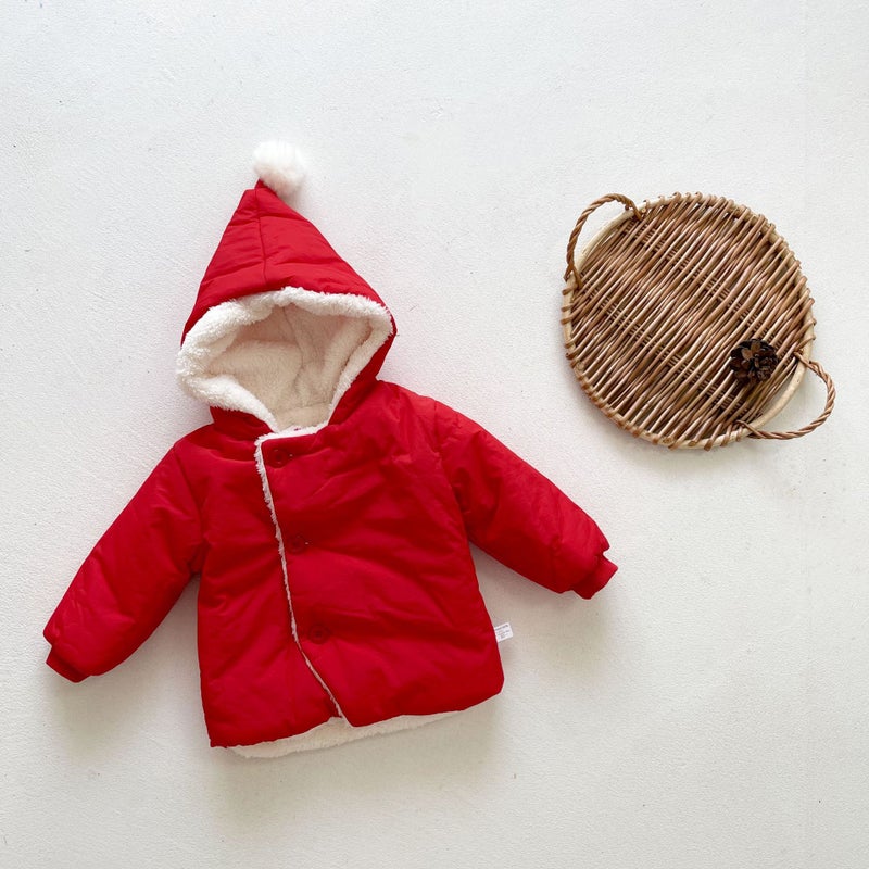 2023 Winter Plush Warm Baby Coat Cute 3D Hooded Jacket Red