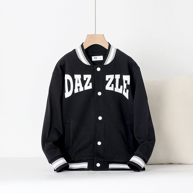 Kids Baseball Jacket Letter Collar Black