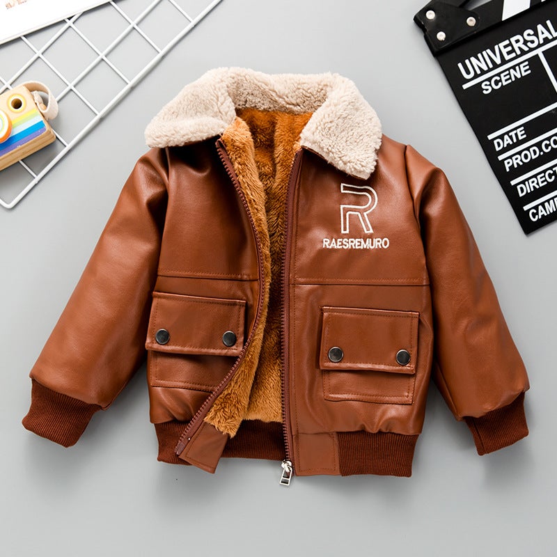 Boys Winter Fleece-Lined PU Leather Jacket Brown