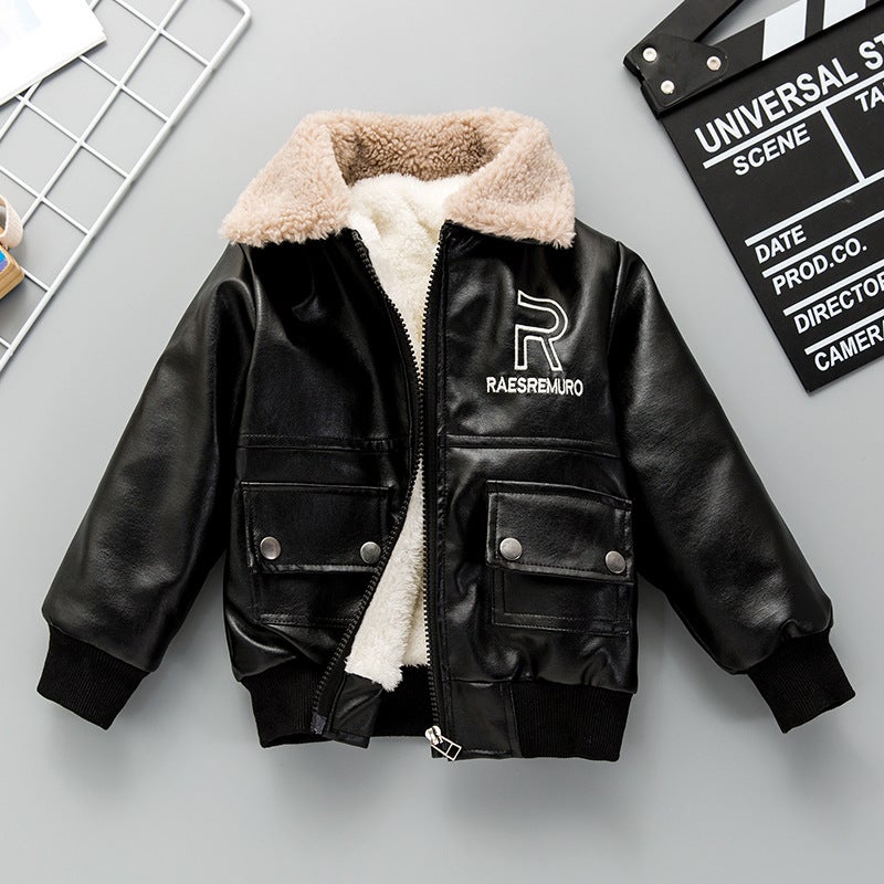 Boys Winter Fleece-Lined PU Leather Jacket Black