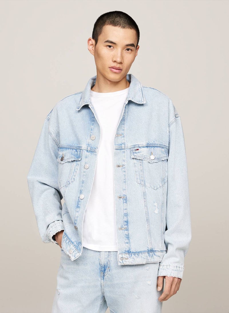 Men's Archive Aiden Colour-Blocked Oversized Trucker Jacket -  Rigid denim, Light Blue