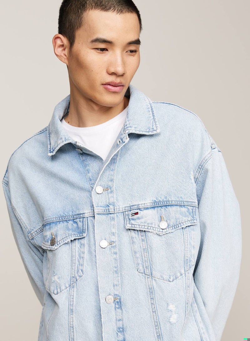 Men's Archive Aiden Colour-Blocked Oversized Trucker Jacket -  Rigid denim, Light Blue