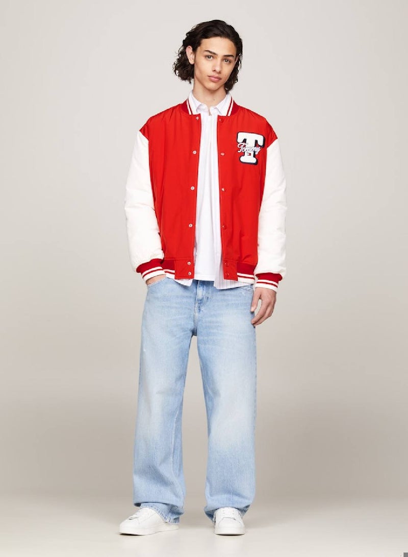 Men's Varsity Colour-Blocked Letterman Jacket -  Recycled polyester blend, Red