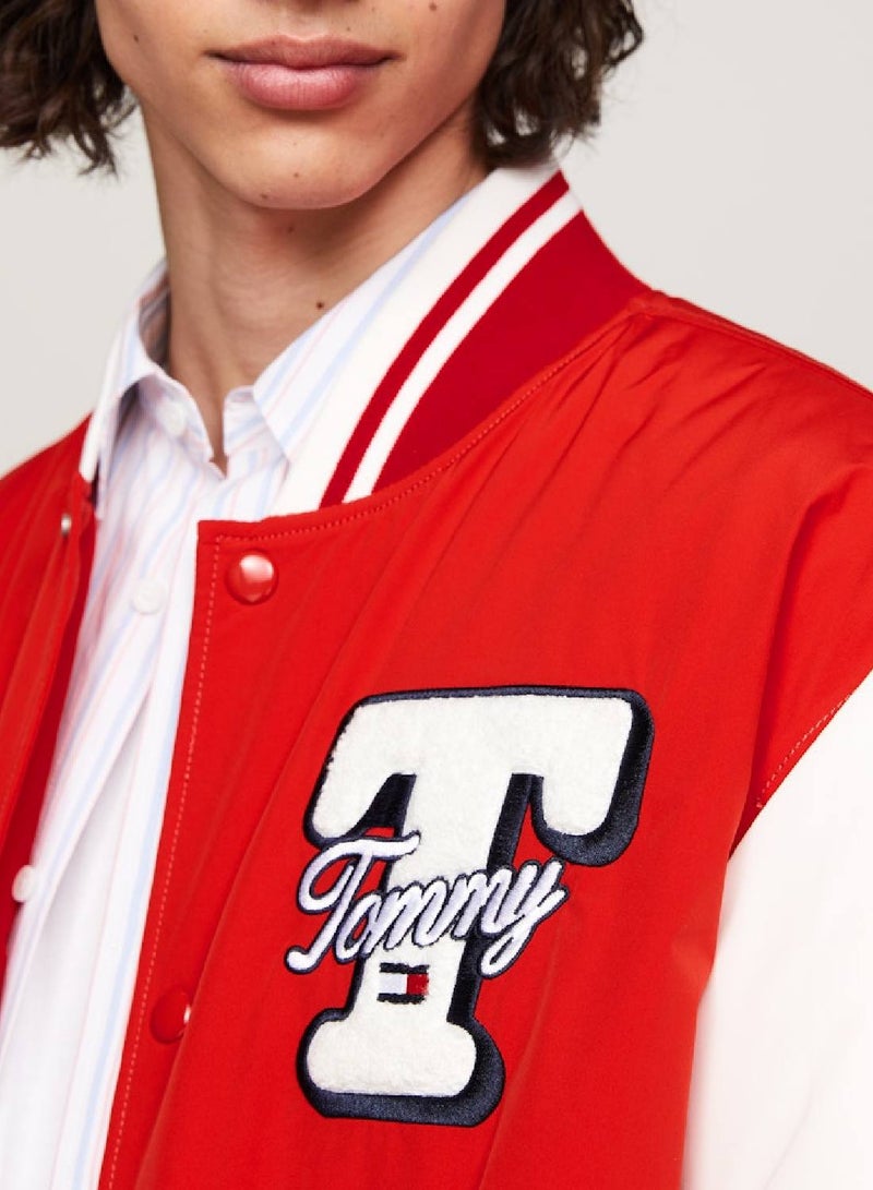 Men's Varsity Colour-Blocked Letterman Jacket -  Recycled polyester blend, Red