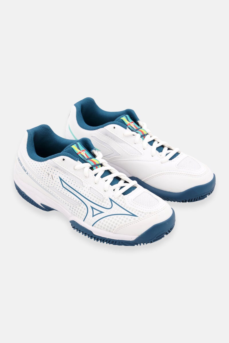 Kids Boy Exceed Lace Up Tennis Shoes, White/Teal Blue