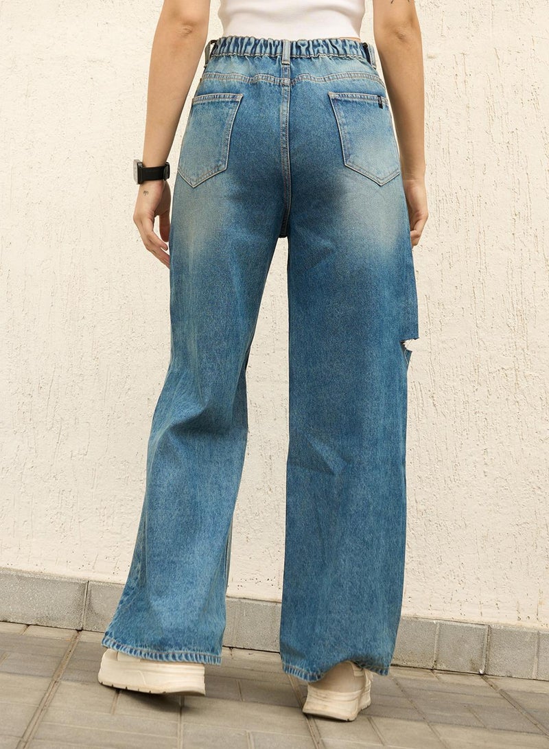 Women Wide Leg High-Rise Slash Knee Light Fade Jeans