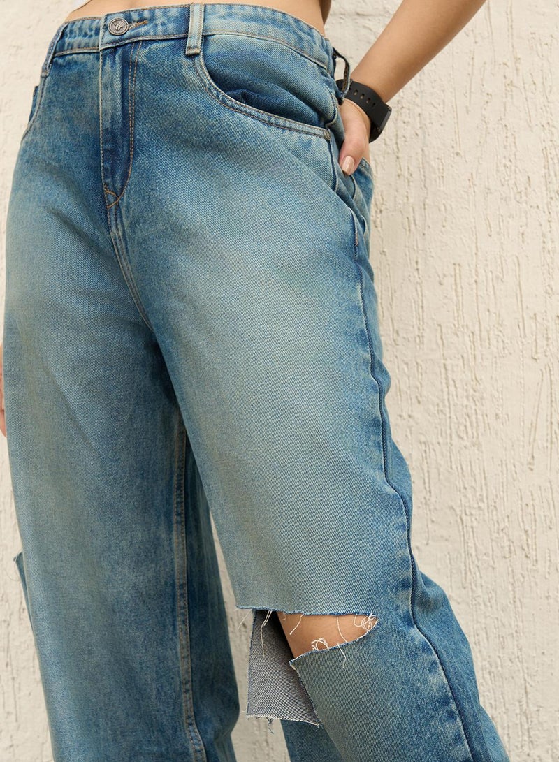 Women Wide Leg High-Rise Slash Knee Light Fade Jeans