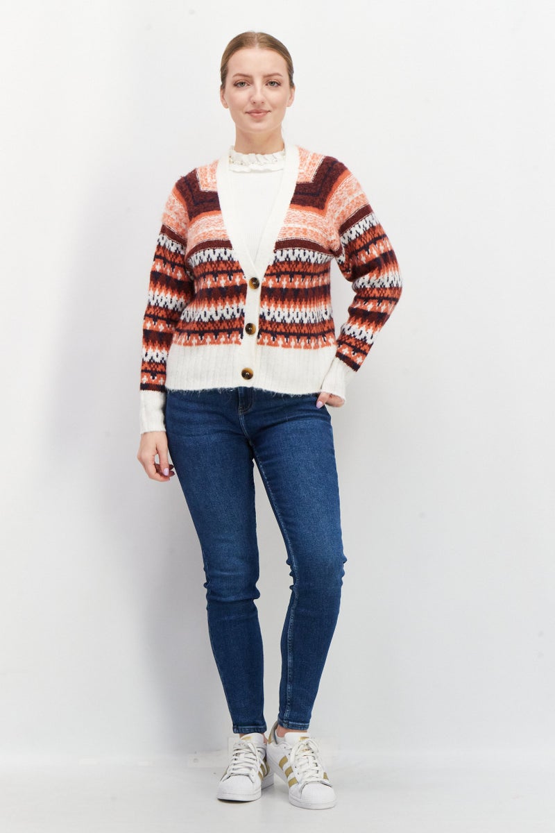 Women V Neck Long Sleeve Knitted Sweater, Maroon Combo