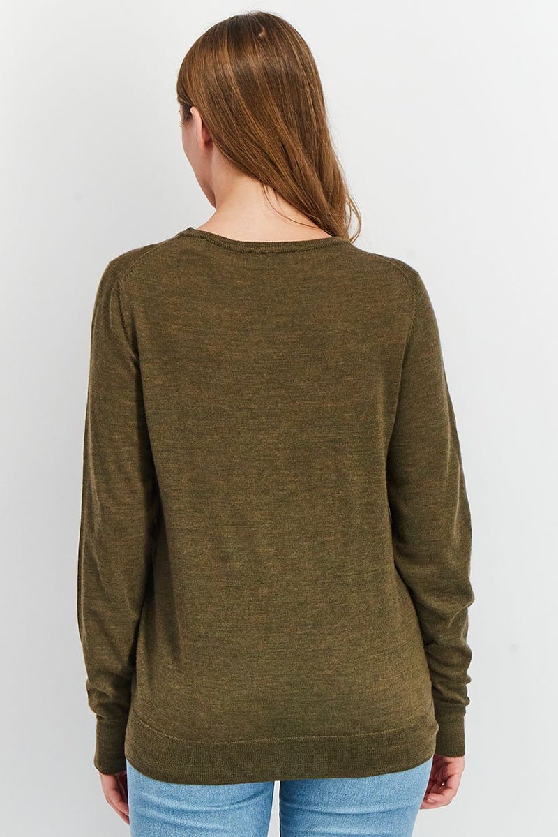 Women Regular Fit Pullover Knitted Sweater, Olive