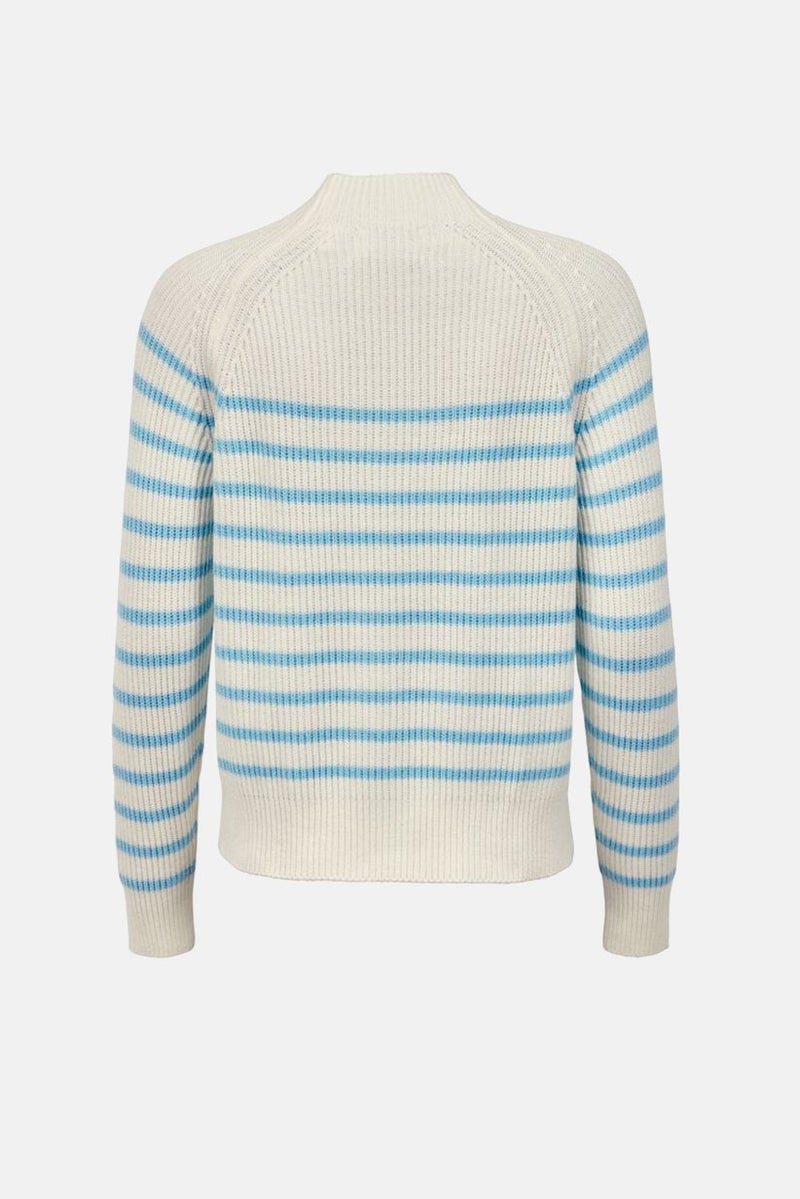 Women Crew Neck Knitted Buttoned Sweater, White/Blue