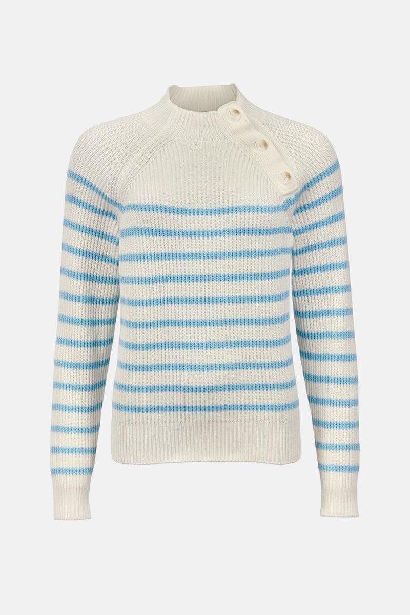 Women Crew Neck Knitted Buttoned Sweater, White/Blue