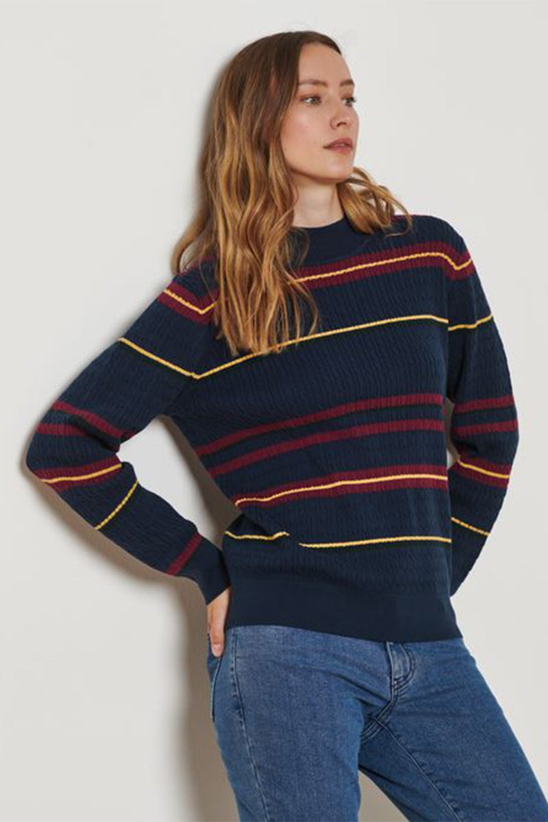 Women Round Neck Stripe Sweater, Navy Combo