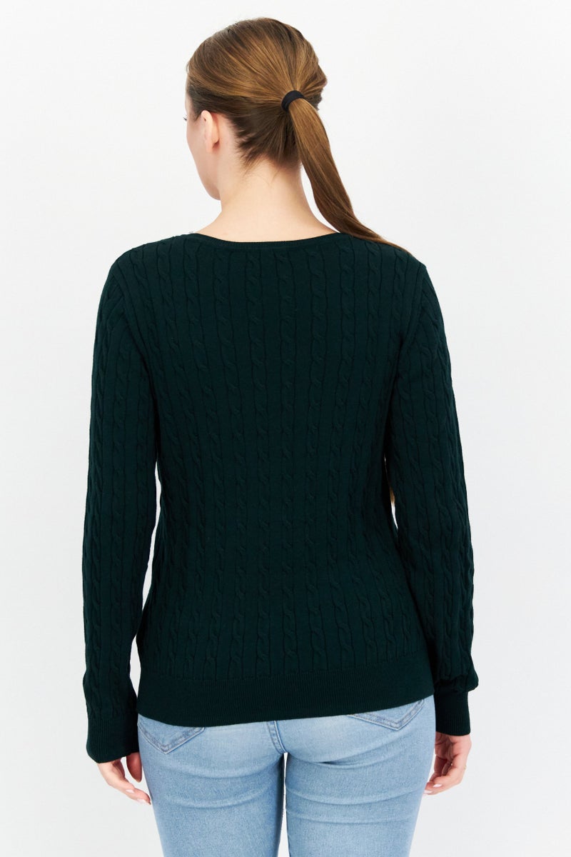 Women Crew Neck Long Sleeves Knitted Sweater, Green