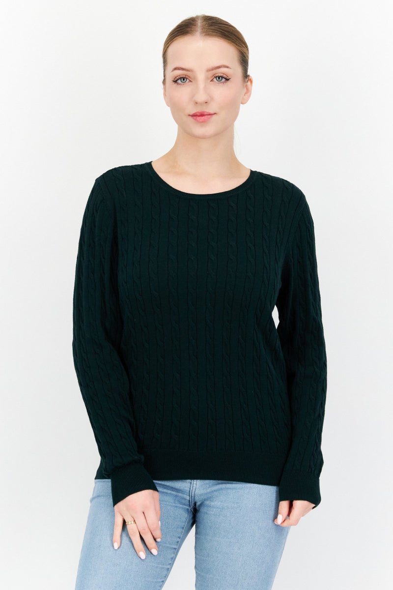 Women Crew Neck Long Sleeves Knitted Sweater, Green