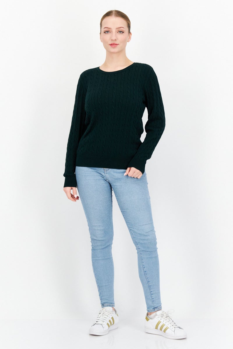 Women Crew Neck Long Sleeves Knitted Sweater, Green