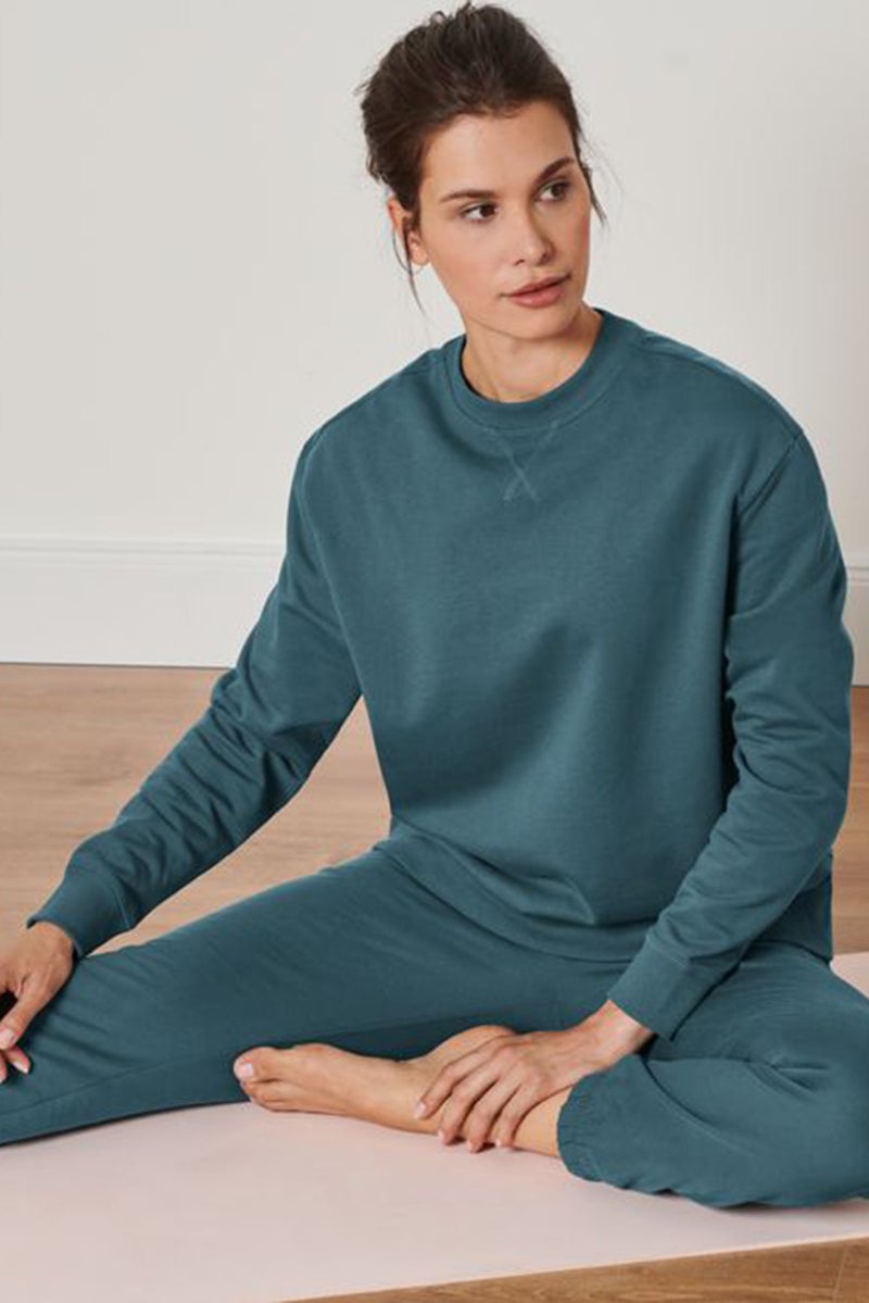 Women Ribbed Collar Long Sleeve Plain Sweatshirts, Teal Blue