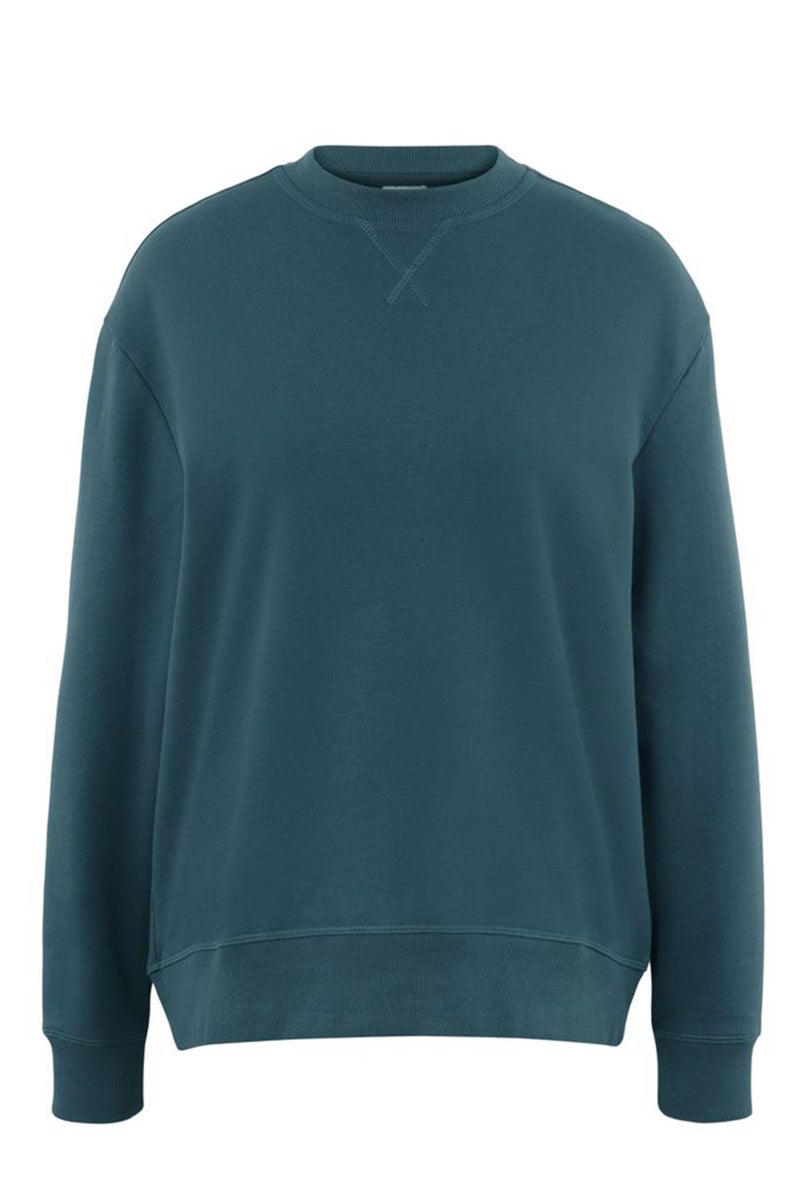 Women Ribbed Collar Long Sleeve Plain Sweatshirts, Teal Blue