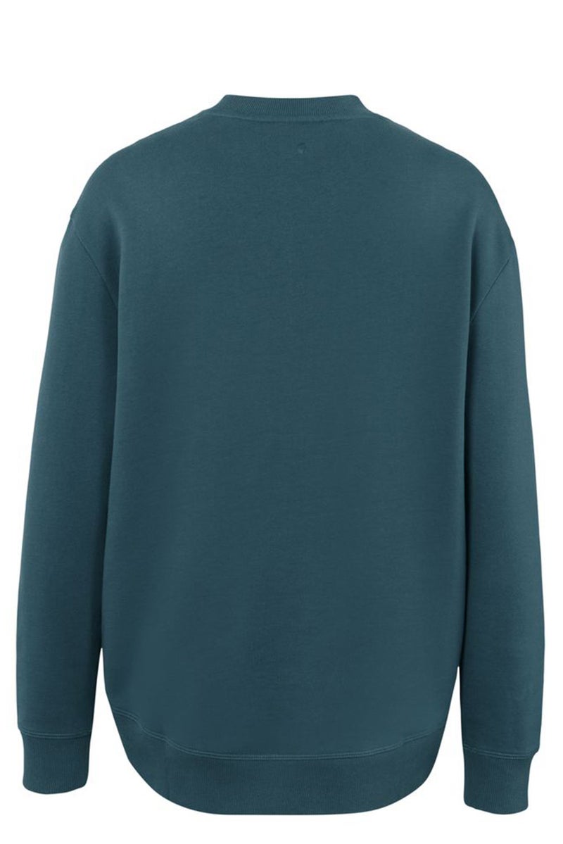 Women Ribbed Collar Long Sleeve Plain Sweatshirts, Teal Blue