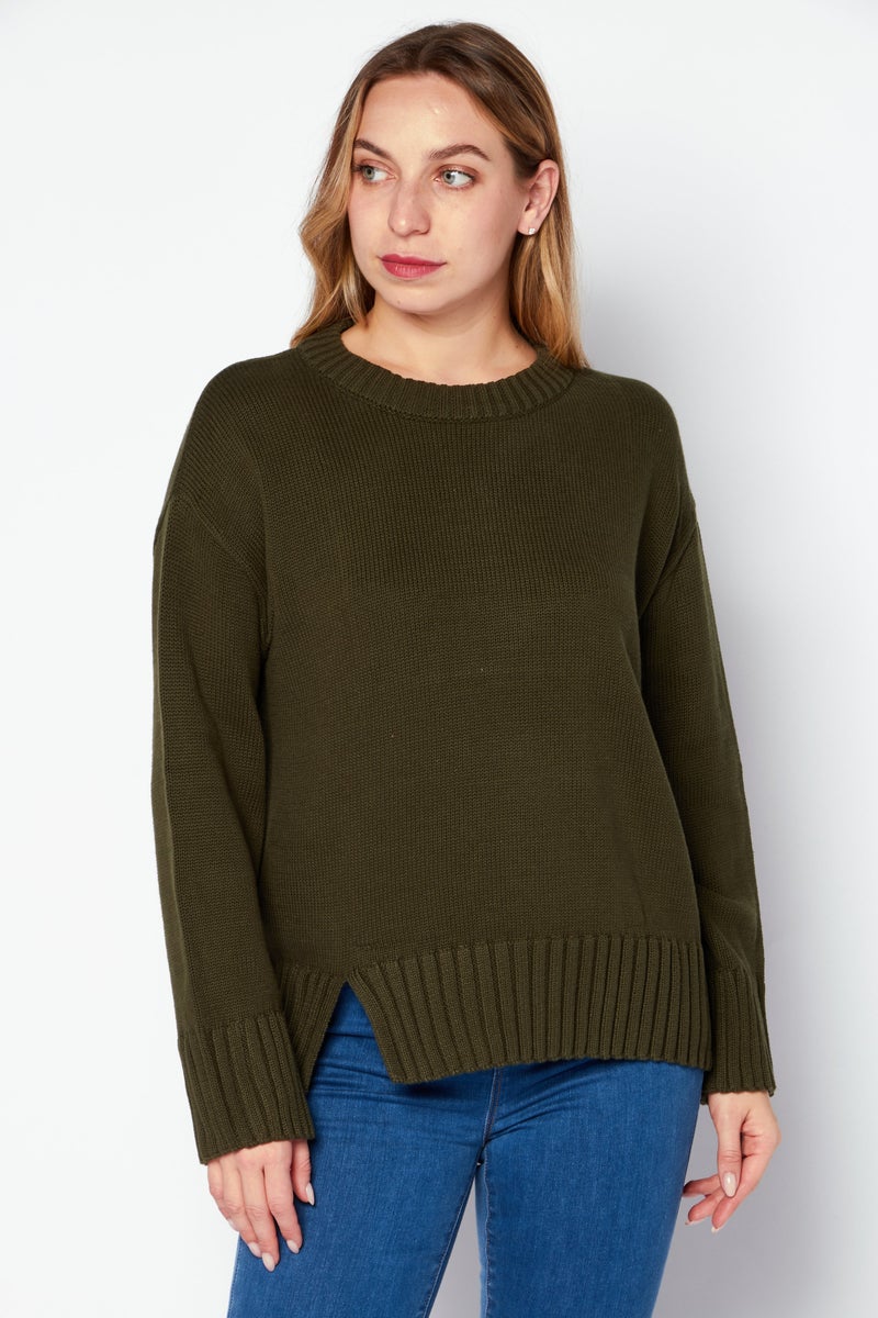 Women Round Neck Knitted Sweater, Olive