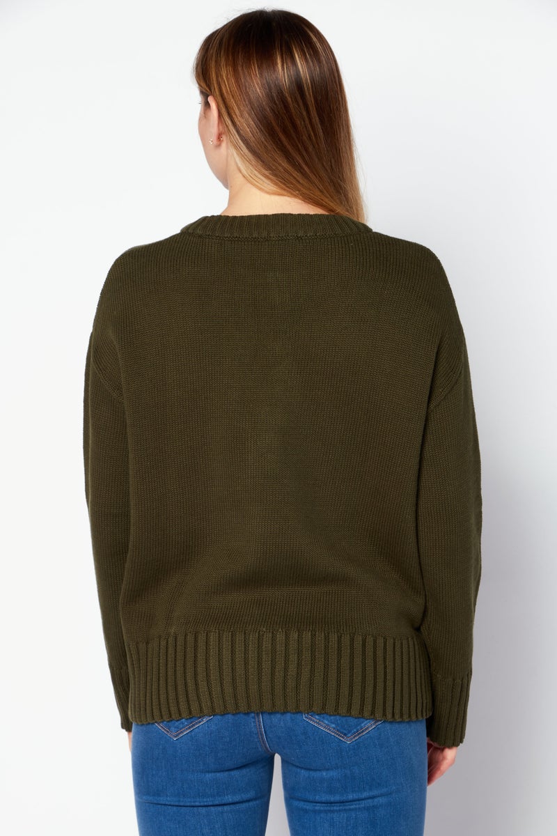 Women Round Neck Knitted Sweater, Olive