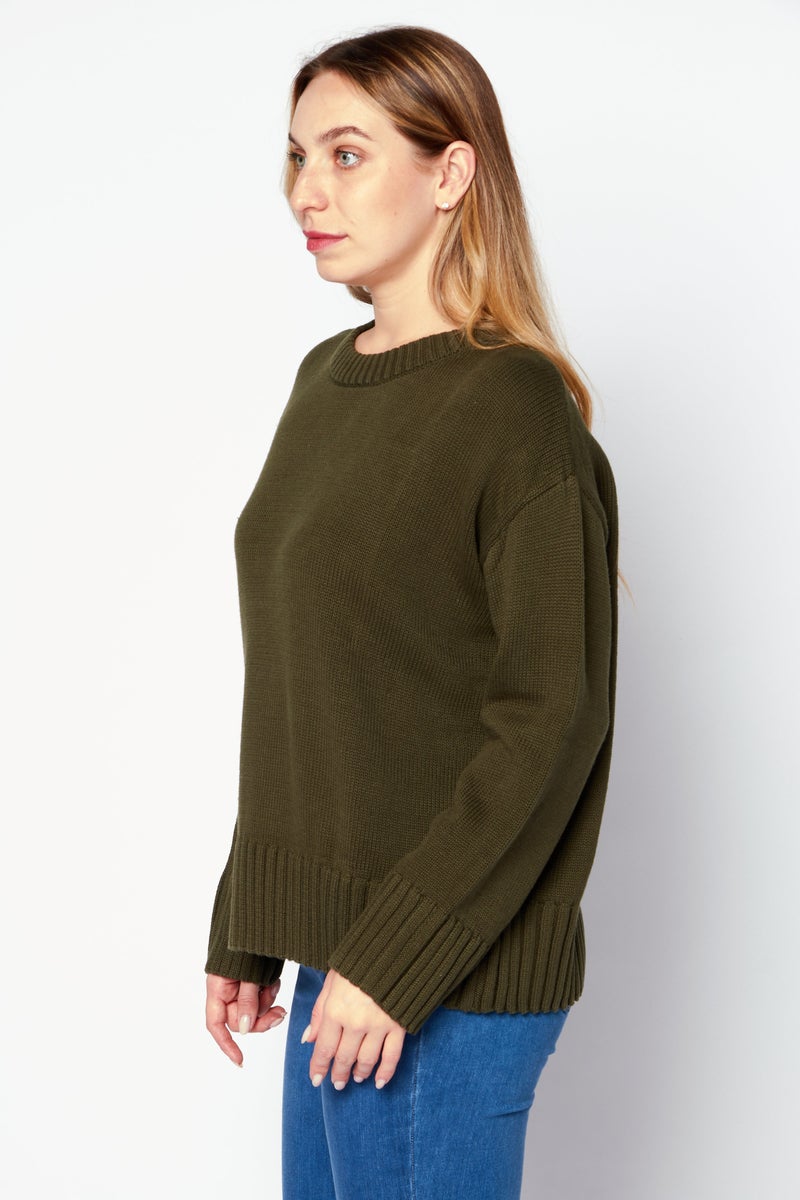 Women Round Neck Knitted Sweater, Olive