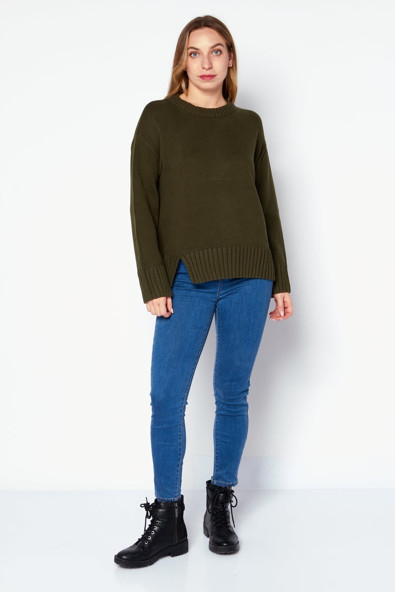 Women Round Neck Knitted Sweater, Olive