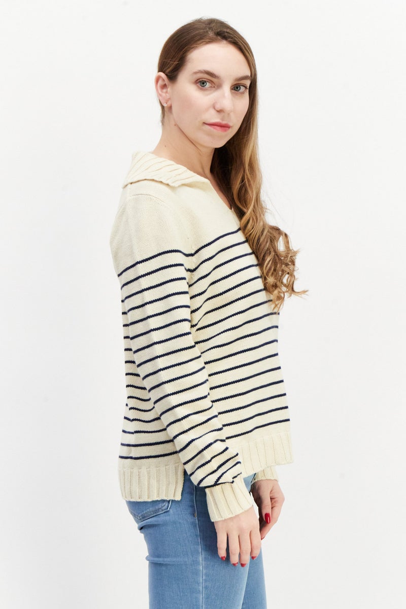 Women Spread Collar Stripe Sweater, Beige/Navy