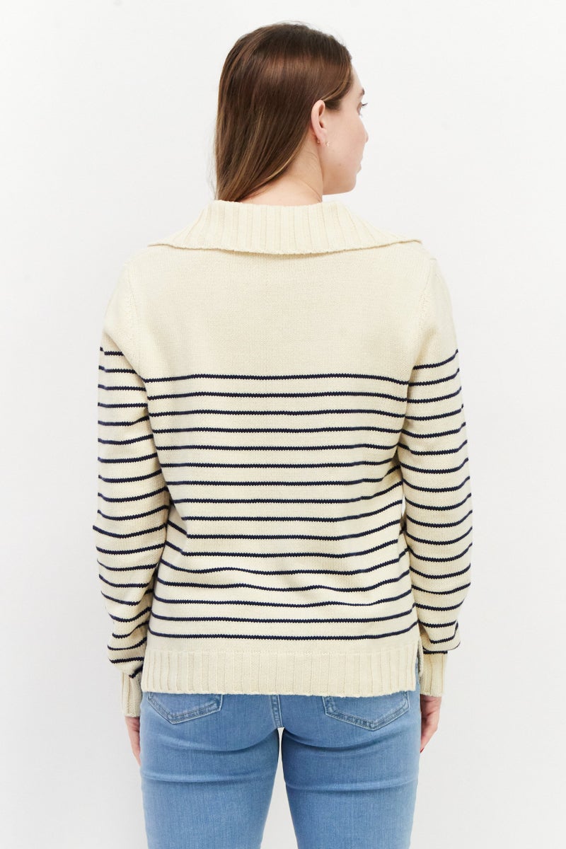 Women Spread Collar Stripe Sweater, Beige/Navy