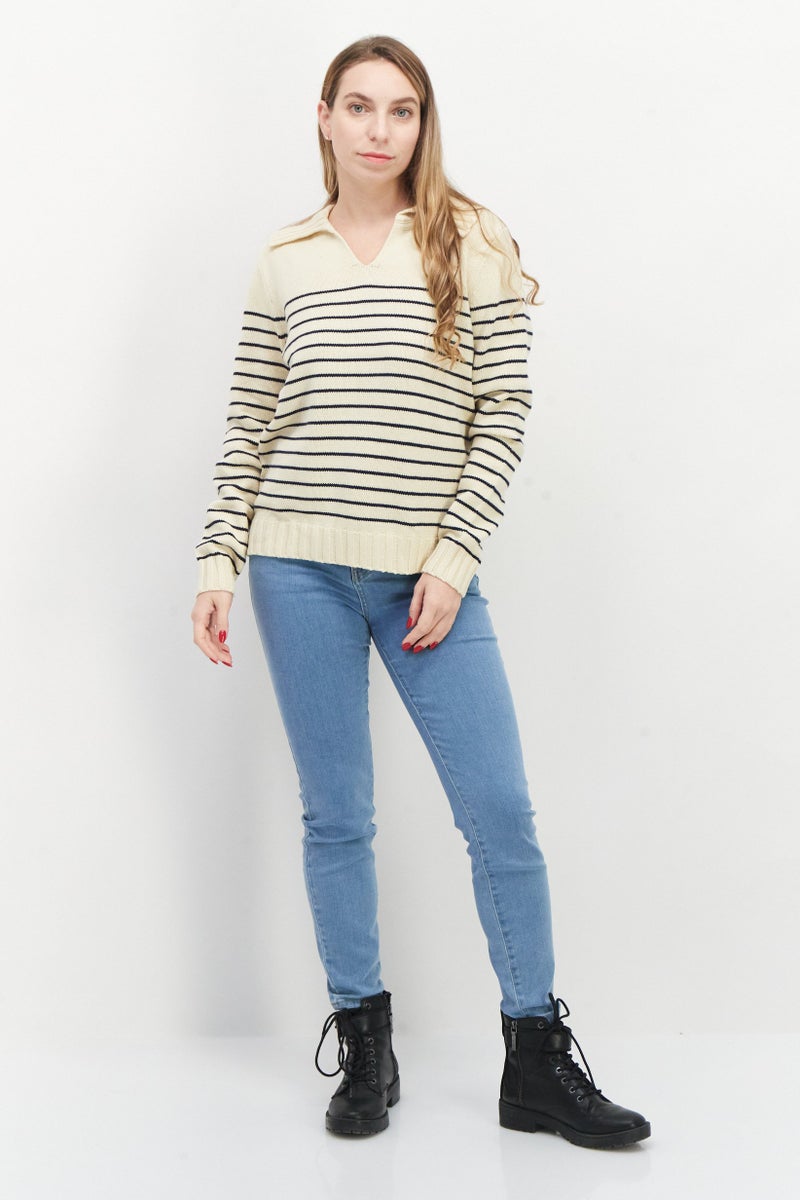 Women Spread Collar Stripe Sweater, Beige/Navy