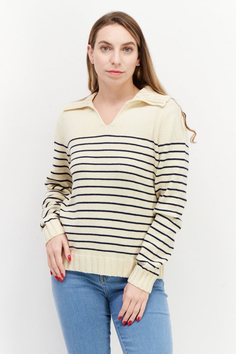 Women Spread Collar Stripe Sweater, Beige/Navy