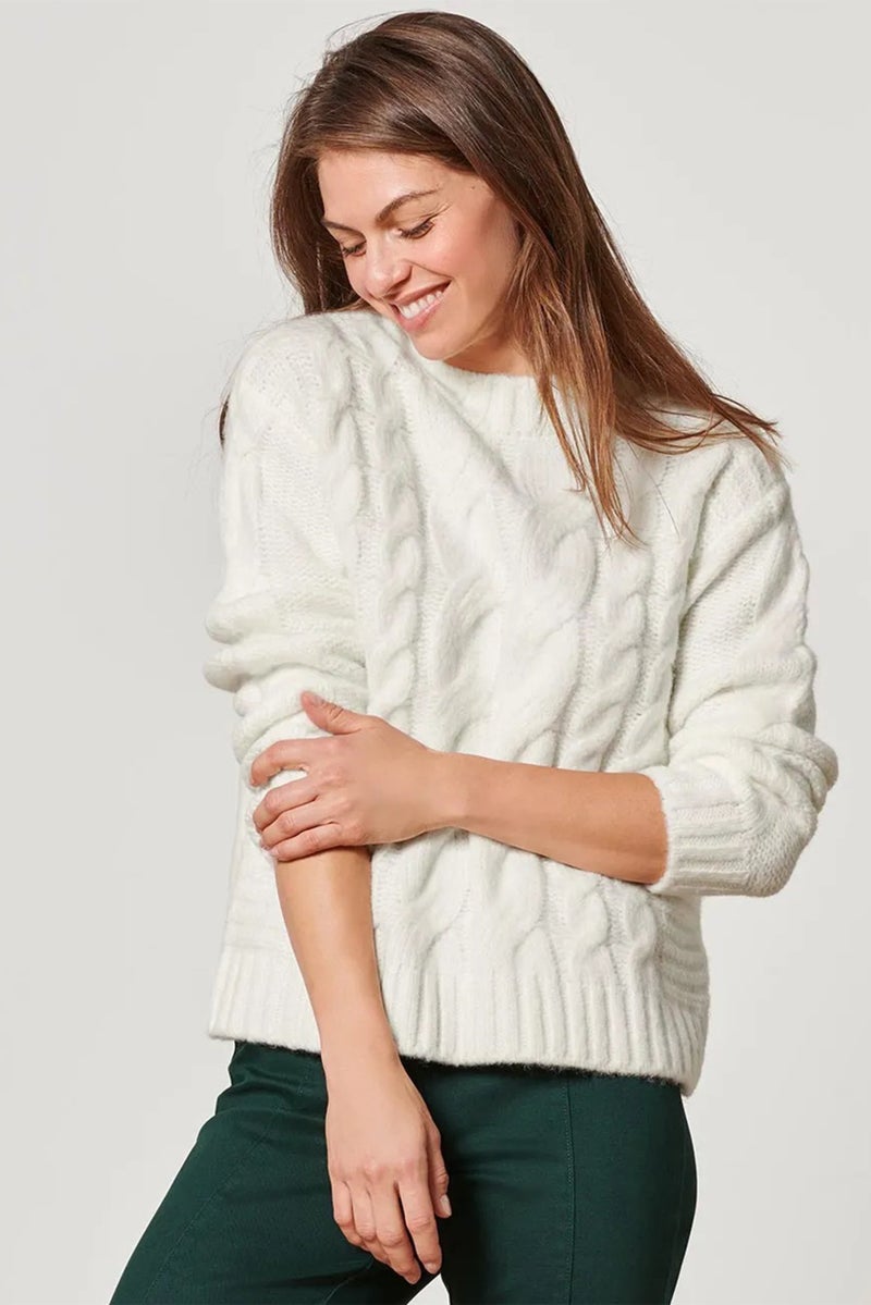 Women Round Neck Knitted Sweater, White