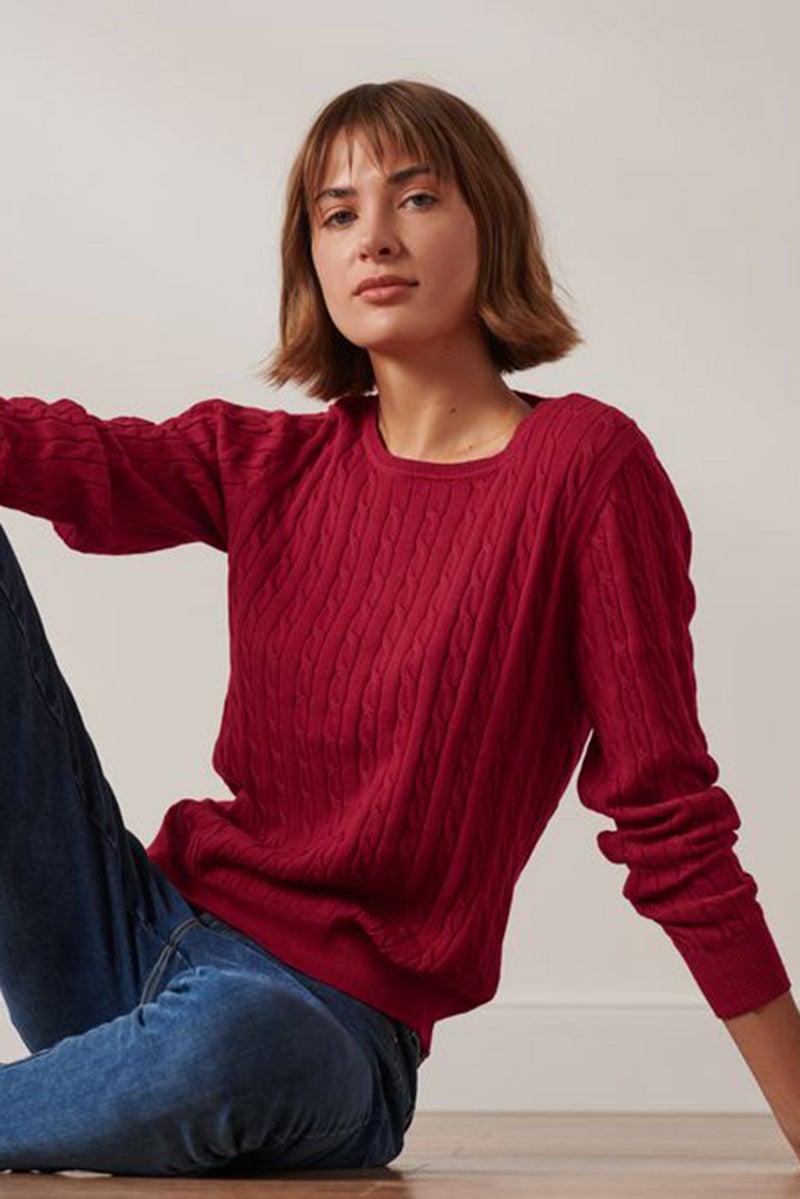 Women Round Neck Knitted Long Sleeves Sweater, Red