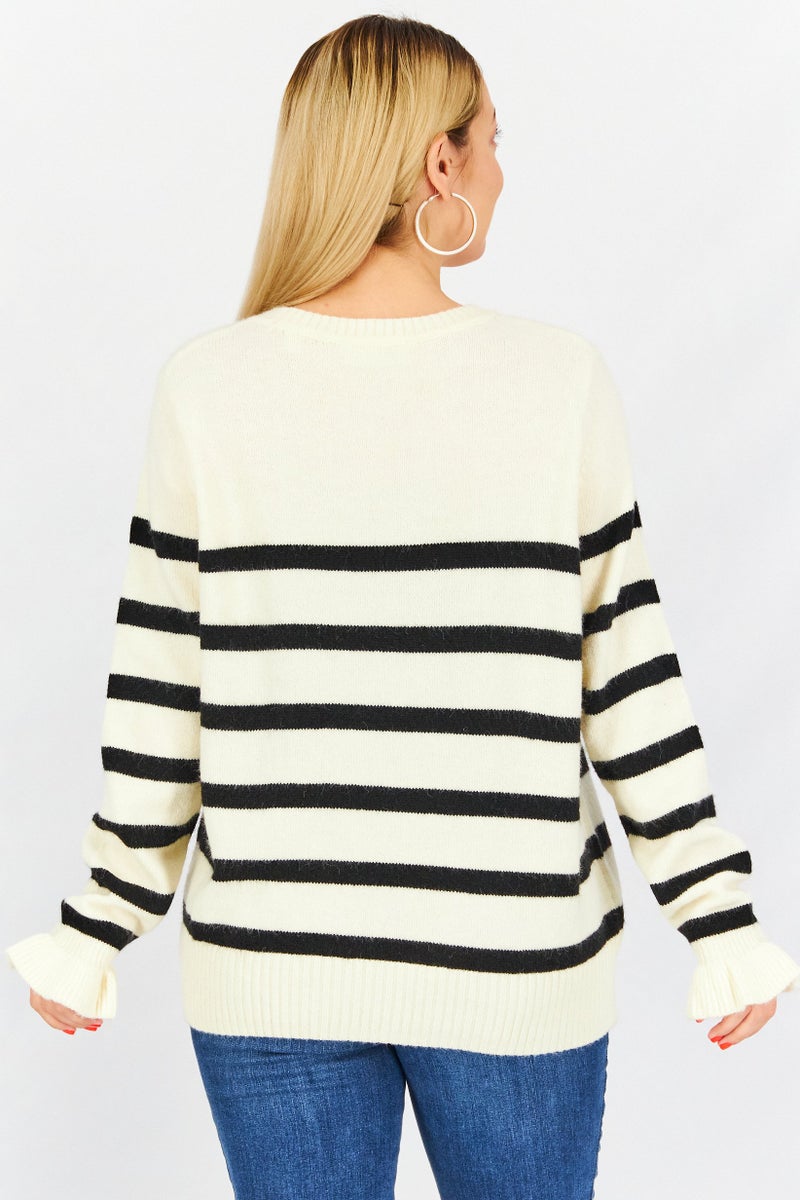 Women Crew Neck Long Sleeves Stripe Knit Sweater, Beige/Black